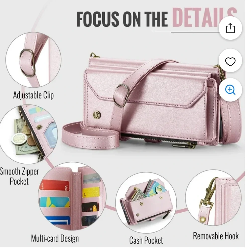 GK Pink Crossbody Phone Wallet with Zipper Pocket & Card Slots. D